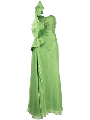 Badgley Mischka Leaf one-shoulder pleated gown - Green