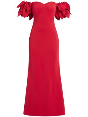 Badgley Mischka petal-appliqué off-shoulder gown - Red