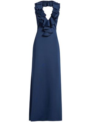 Badgley Mischka ruffle-trim halterneck gown - Blue