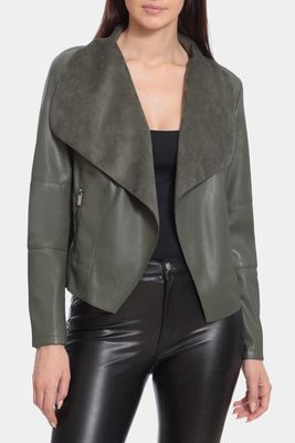 Bagatelle Women's Drape Faux Leather Jacket in Winter Olive