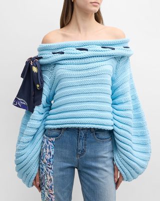 Bahia Twill Scarf Off-The-Shoulder Crop Sweater
