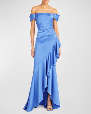 Bailey Pleated Off-Shoulder Ruffle Gown