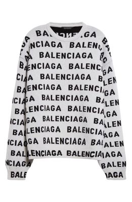 Balenciaga Allover Logo Wool Blend Crewneck Sweater in White/Black