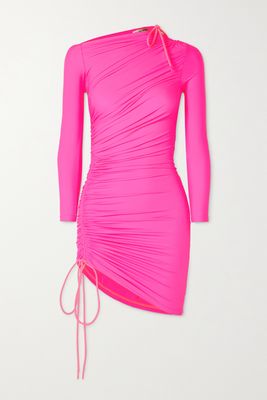 Balenciaga - Asymmetric Ruched Neon Stretch-jersey Mini Dress - Pink