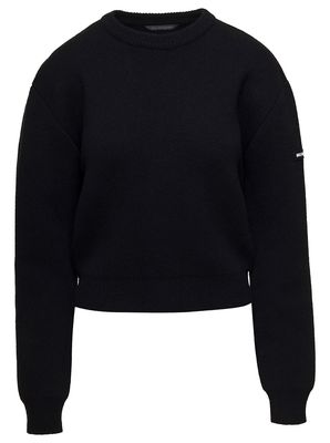 Balenciaga Black Cropped Crewneck Sweater With Logo Patch In Wool Blend Woman