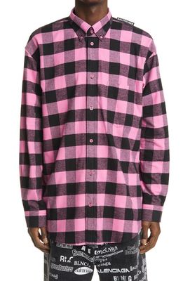 Balenciaga Buffalo Check Logo Tab Men's Flannel Button-Down Shirt in Pink/Black
