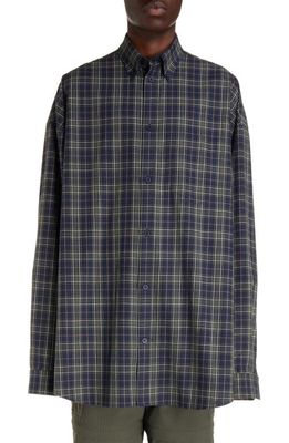 Balenciaga Check Oversize Cotton Flannel Button-Down Shirt in Navy/Khaki