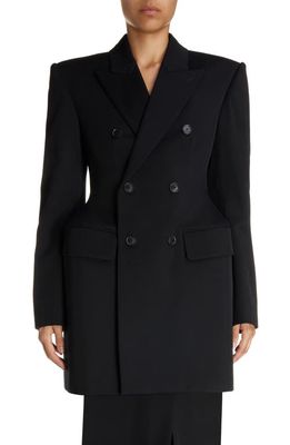 Balenciaga Clinched Hourglass Double Breasted Wool Gabardine Blazer in Black