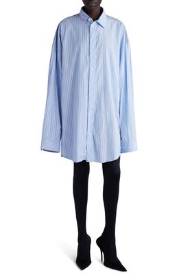 Balenciaga Cut Up Stripe Asymmetric Oversize Cotton Button-Up Shirt in Sky Blue/White