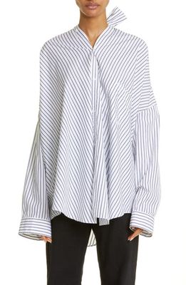 Balenciaga Cutout Stripe Cotton Poplin Blouse in White/Navy