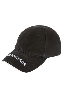 Balenciaga Distressed Logo Embroidered Denim Baseball Cap in Black/White