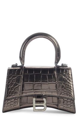Balenciaga Extra Small Hourglass Croc Embossed Metallic Leather Top Handle Bag in Dark Bronze