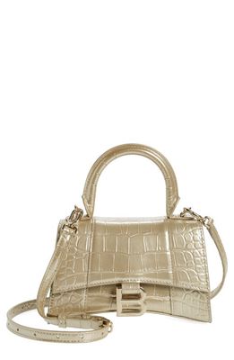 Balenciaga Extra Small Hourglass Croc Embossed Metallic Leather Top Handle Bag in Light Gold
