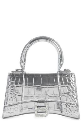 Balenciaga Extra Small Hourglass Croc Embossed Metallic Leather Top Handle Bag in Silver
