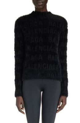 Balenciaga Fitted Furry Logo Jacquard Wool Blend Sweater in Black