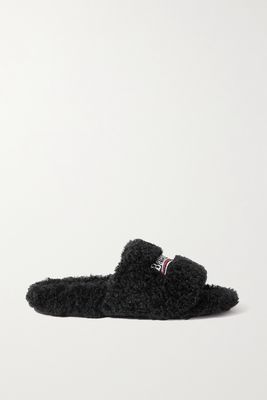 Balenciaga - Furry Logo-embroidered Faux Shearling Slides - Black