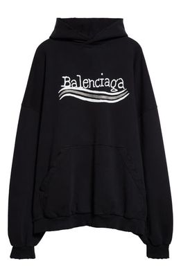 Balenciaga Hand Drawn Political Logo Oversize Distressed Cotton Graphic Hoodie in Black/Silver/White