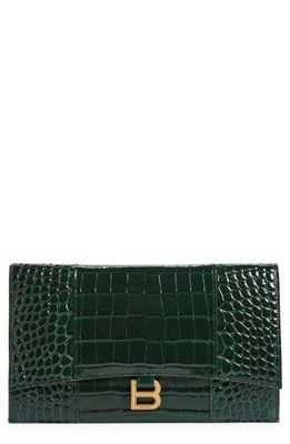 Balenciaga Hourglass Croc Embossed Leather Clutch in Forest Green