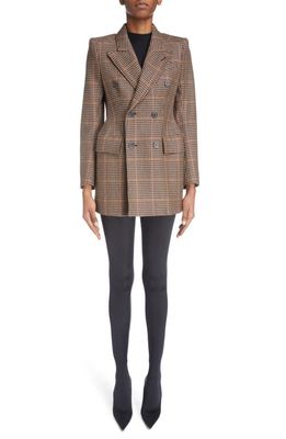 Balenciaga Hourglass Houndstooth Strong Shoulder Double Breasted Wool Blend Blazer in Beige/Black