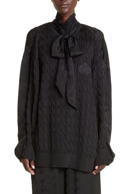 Balenciaga Hybrid Tie Neck Silk Shirt & Cable Knit Turtleneck Sweater in Black/Black