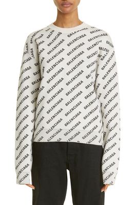Balenciaga Jacquard Logo Crewneck Cotton & Wool Blend Sweater in Chalky White/Black