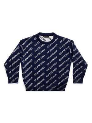 Balenciaga Kids logo-intarsia crew-neck jumper - Blue