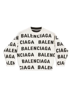 Balenciaga Kids logo-intarsia crew neck jumper - White