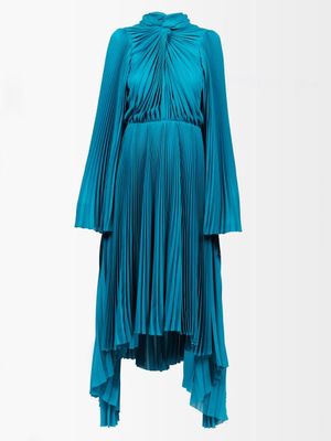 Balenciaga - Knotted Asymmetric Plissé Crepe Dress - Womens - Blue
