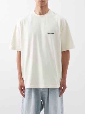 Balenciaga - Logo-embroidered Cotton-jersey T-shirt - Mens - Cream/black