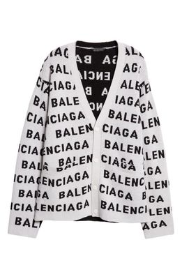 Balenciaga Logo Jacquard Wool Blend V-Neck Cardigan in White/Black
