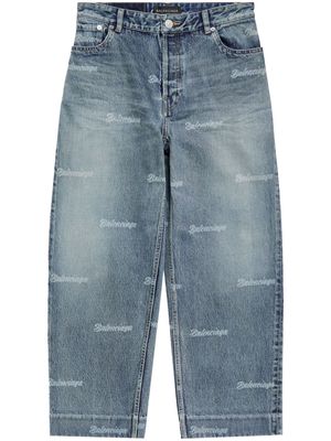 Balenciaga logo-print tapered cropped jeans - Blue