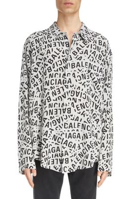 Balenciaga Logo Strips Long Sleeve Cupro Blend Button-Up Shirt in White/Black