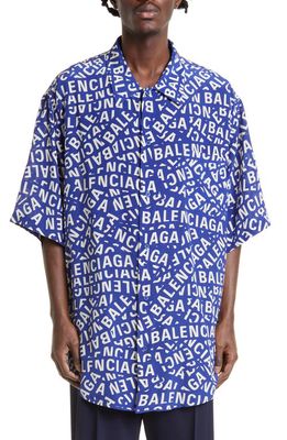 Balenciaga Logo Strips Short Sleeve Silk Pajama Shirt in Blue/Dirty White