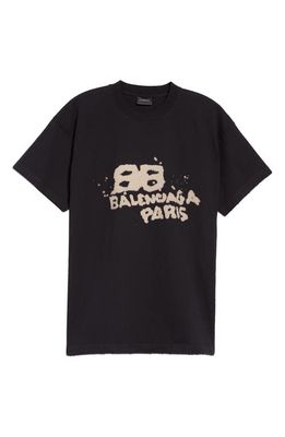 Balenciaga Men's Dirty BB Logo Distressed Cotton Graphic Tee in Black/Ecru