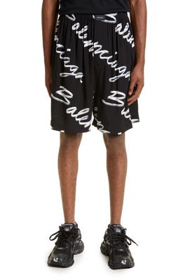 Balenciaga Men's Scribble Print Logo Shorts in Black/White