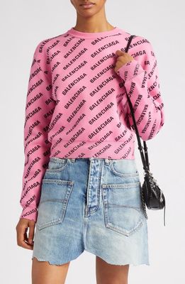 Balenciaga Mini Logo Jacquard Crop Sweater in Pink/Black
