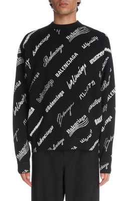 Balenciaga Multi Logo Jacqaurd Wool Blend Sweater in Black/White