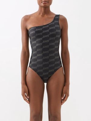 Balenciaga - One-shoulder Bb-logo Swimsuit - Womens - Black Grey