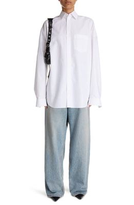 Balenciaga Oversize Crystal Logo Cotton Button-Up Cocoon Shirt in White