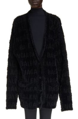 Balenciaga Oversize Furry Logo Jacquard Wool Blend Cardigan in Black