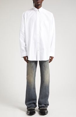 Balenciaga Oversize Logo Back Cotton Poplin Button-Down Shirt in White