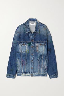 Balenciaga - Oversized Printed Distressed Denim Jacket - Blue