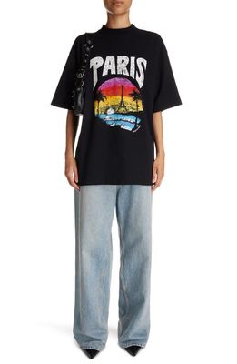 Balenciaga Paris Tropical Relaxed Fit Stretch Jersey Graphic T-Shirt in Black/White
