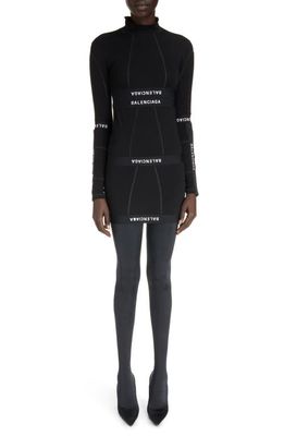 Balenciaga Patched Brief Logo Long Sleeve Stretch Cotton Minidress in Black/White
