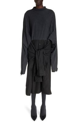 Balenciaga Patched Mixed Media Long Sleeve Cotton T-Shirt Dress in Black