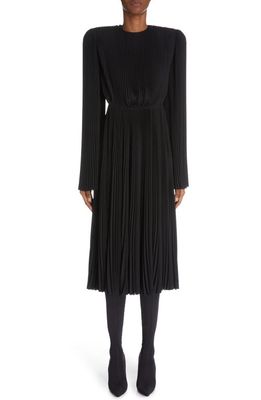 Balenciaga Pleated Bell Sleeve Georgette Midi Dress in Black