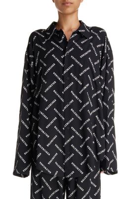 Balenciaga Relaxed Fit Logo Print Button-Up Shirt in Black/White