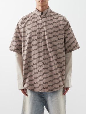 Balenciaga - Short-sleeved Logo-print Cotton-poplin Shirt - Mens - Brown Beige