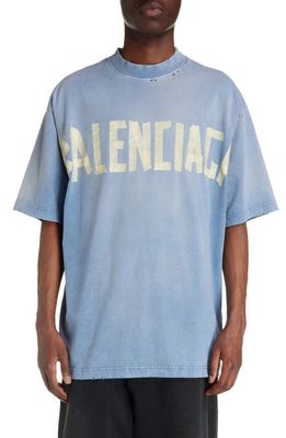 Balenciaga Tape Logo Cotton Graphic T-Shirt in Faded Blue