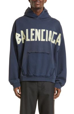 Balenciaga Tape Logo Distressed Cotton Hoodie in Marine Blue